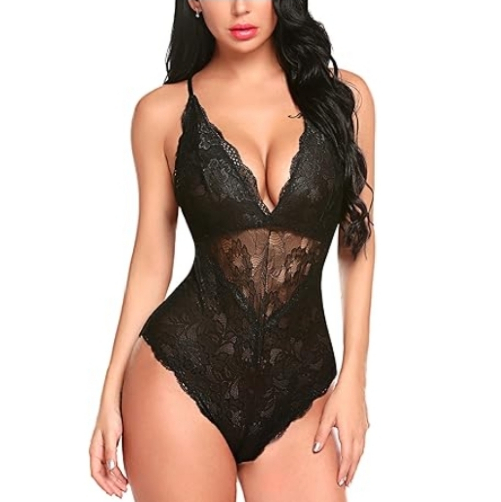 Nightwear Snap Crotch Lingerie Sexy Deep V Teddy One Piece Lace Babydoll Black